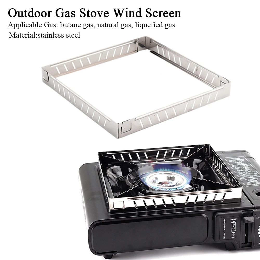 Camping Cooking Heater - เตาแก๊สกลางแจ้งพร้อมแผ่นกันลมสแตนเลสแบบพับได้ สำหรับทำอาหาร ปิ้งย่าง เดินป่า และตั้งแคมป์