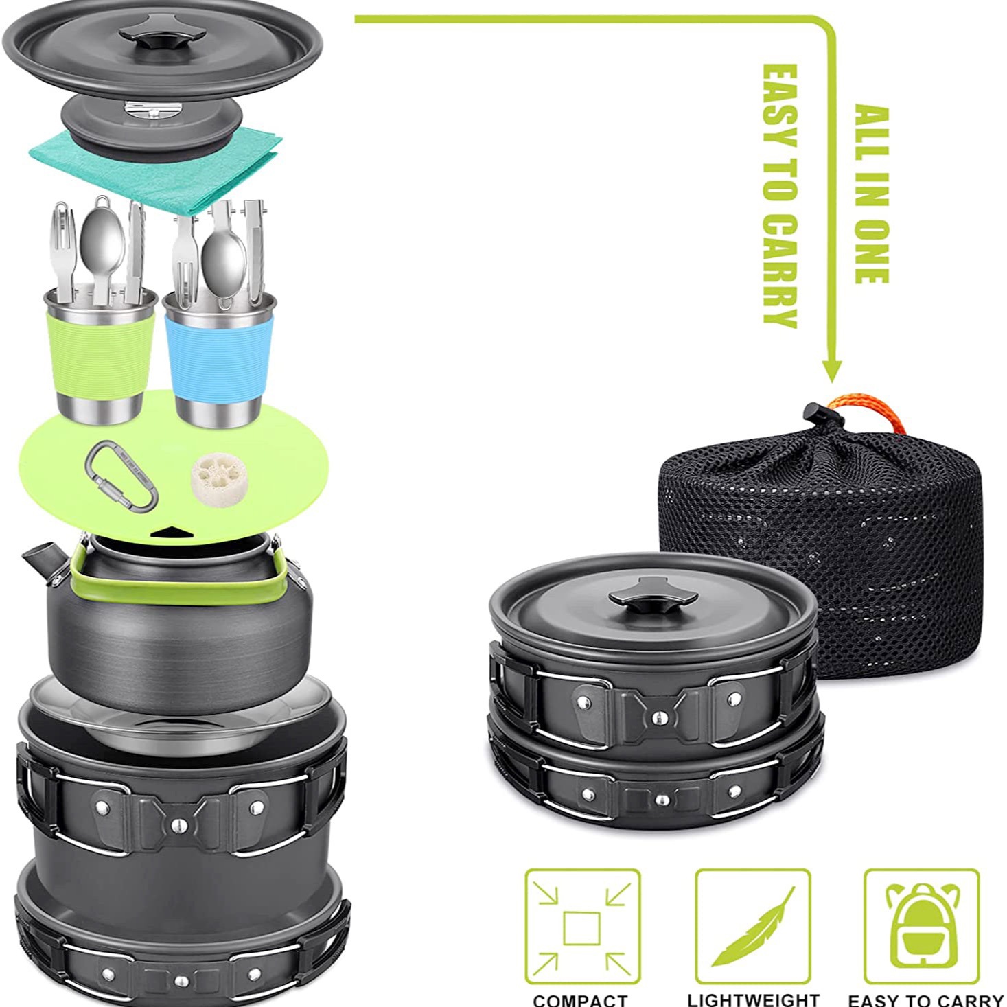 Camping Cooking Gear Set - ชุดทำอาหารสำหรับตั้งแคมป์กลางแจ้งพร้อมกาต้มน้ำ, ชุดภาชนะสแตนเลส 304, อุปกรณ์แบ็คแพ็คน้ำหนักเบา