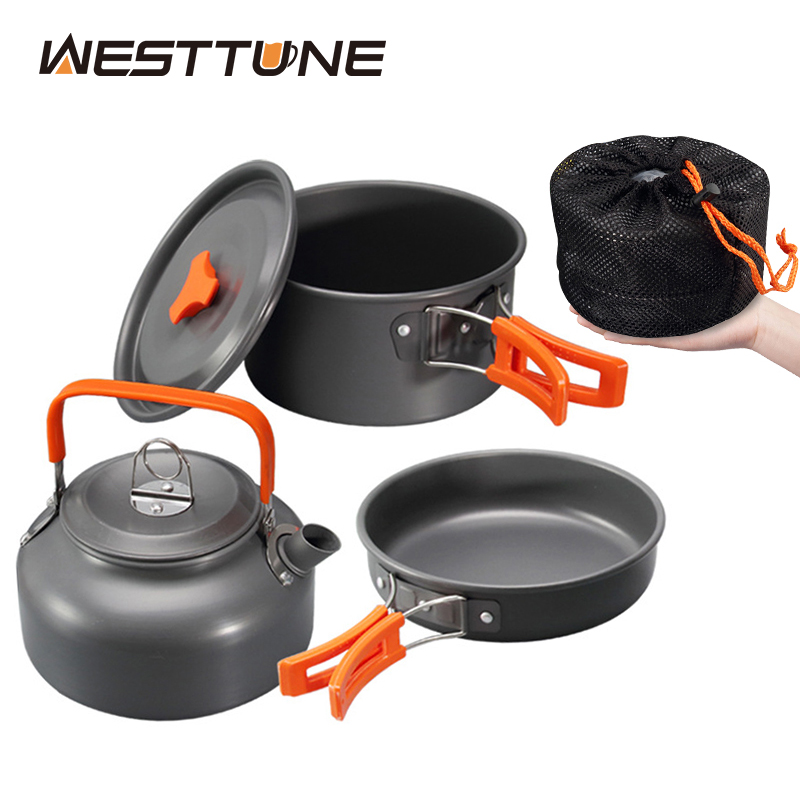 Camping Cooking Wok - WESTTUNE ชุดเครื่องครัวตั้งแคมป์อลูมิเนียมกลางแจ้งแบบพกพาชุดทําอาหารหม้อกาต้มน้ําสําหรับตั้งแคมป์บนโต๊ะอาหารเดินป่าปิคนิค 3 ชิ้น