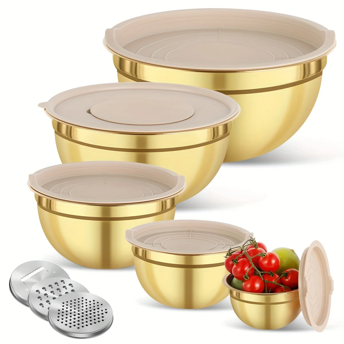 Camping Cooking Tool Set - ชุดชามผสมสแตนเลสสีทอง 10 ชิ้นพร้อมฝาปิดและที่เหลา - เหมาะสําหรับการอบ ทําอาหาร