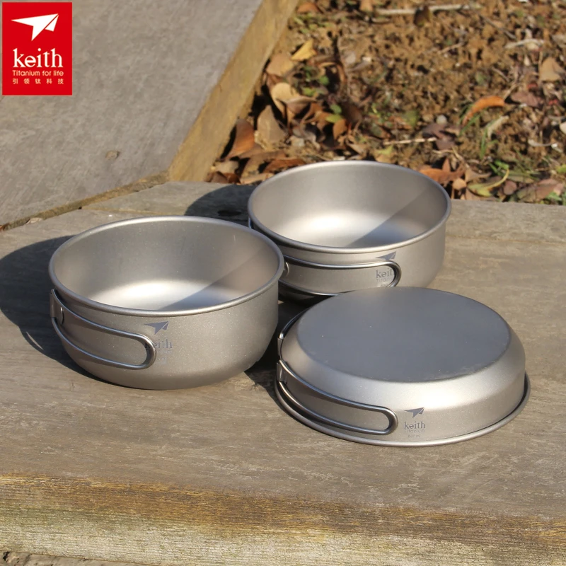 Camping Cooking Wok - Keith 3PCS ไทเทเนียมเครื่องครัวกระทะชามชุดพับ Cook ชุดเดินทางกลางแจ้งการล่าสัตว์ตั้งแคมป์ชุดทําอาหาร Ti6053
