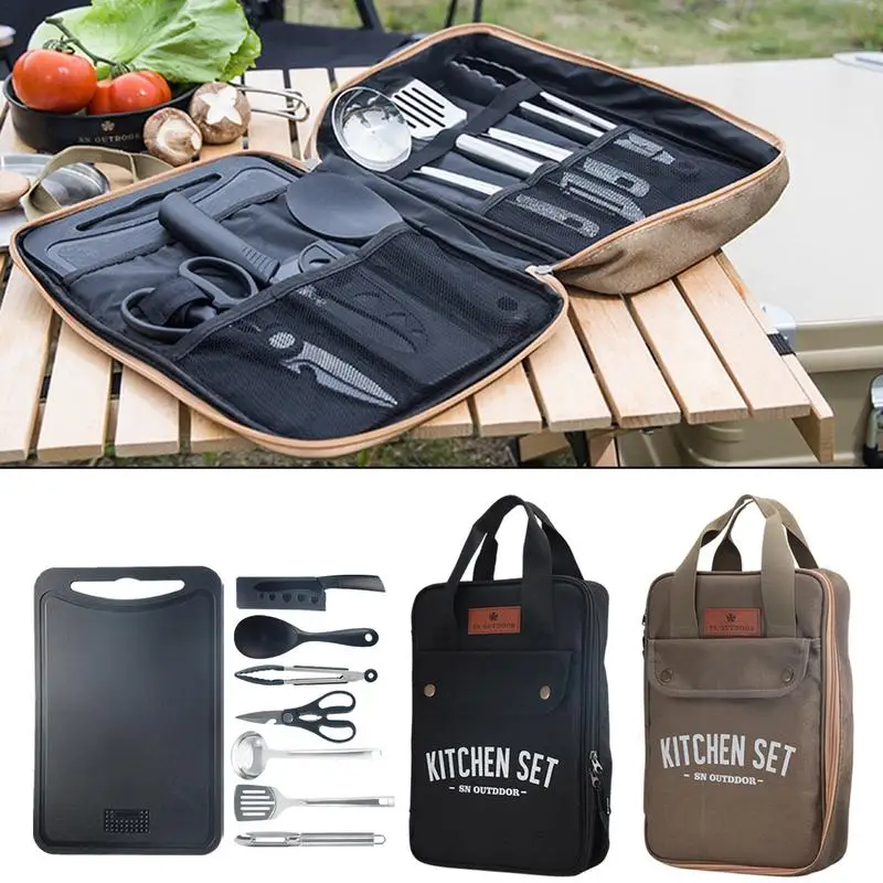 Camping Cooking Gear Set - ชุดเครื่องครัวแคมป์ปิ้ง 8 ชิ้น ชุดอุปกรณ์ทำอาหารพกพาสำหรับเดินทางกลางแจ้ง ทำจากสแตนเลส สำหรับทำอาหารและปิ้งย่าง