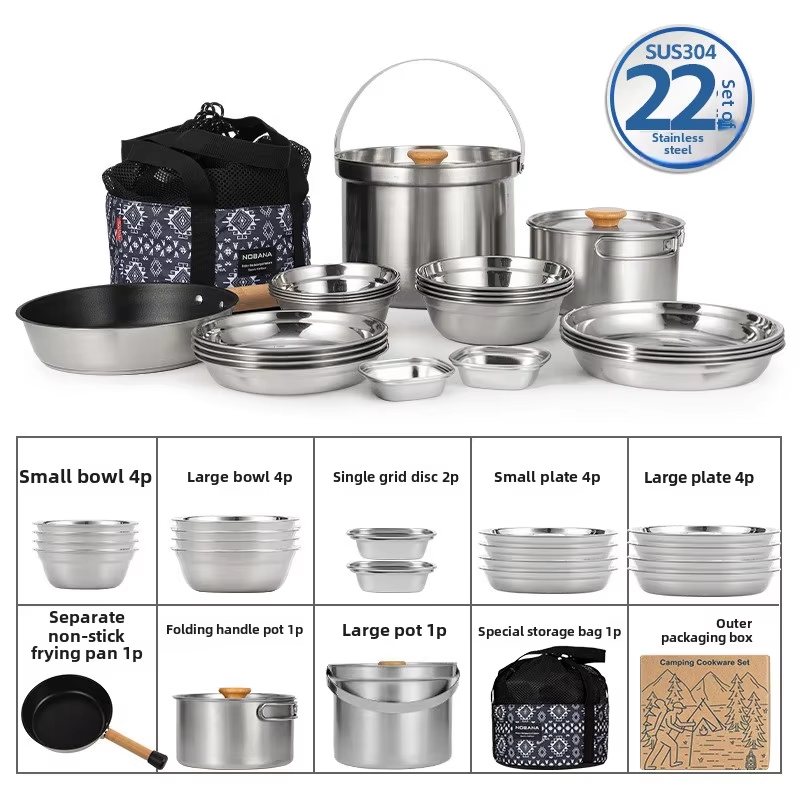 Camping Cooking Wok - NOBANA ใหม่ล่าสุดกลางแจ้งชุดหม้อสแตนเลส Camping ครอบครัวชุดหม้อ 5L แบบพกพาปิคนิคซุปหม้อทอดนึ่งหม้อในครัวเรือน