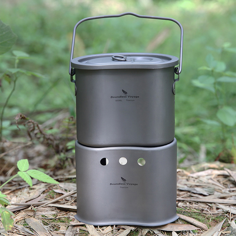 Camping Cooking Wood Stove - Set Alat masak ไทเทเนียมไร้ขอบเขตการเดินทางแบบ2 in 1เตาเตาถ่าน0.8ลิตรสำหรับตั้งแคมป์กลางแจ้งหม้อสนาม