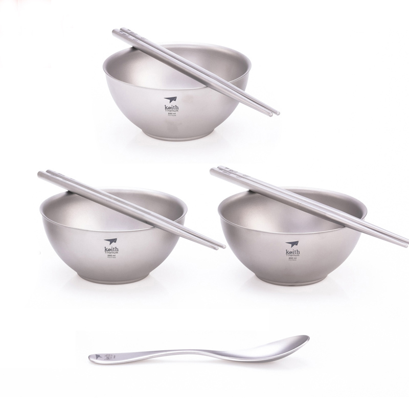 Camping Cooking Noodles - Keith ชุดทําอาหาร, ชามไทเทเนียมช้อนตะเกียบชุดบ้าน, ตั้งแคมป์ท่องเที่ยวเดินป่าอาหารเย็น, ชามภาชนะก๋วยเตี๋ยว, กล่องของขวัญ